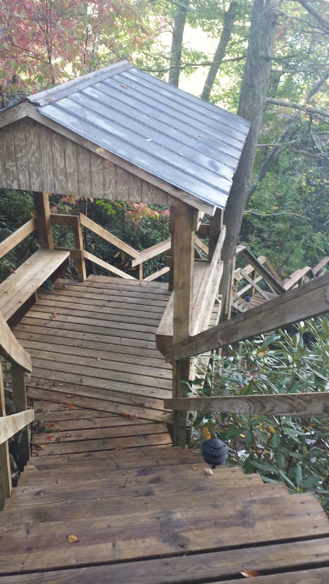 Metal roofed shelter over wooden steps on a wooded walkway — Skylight Repair & Installation work by our crew in Diggs